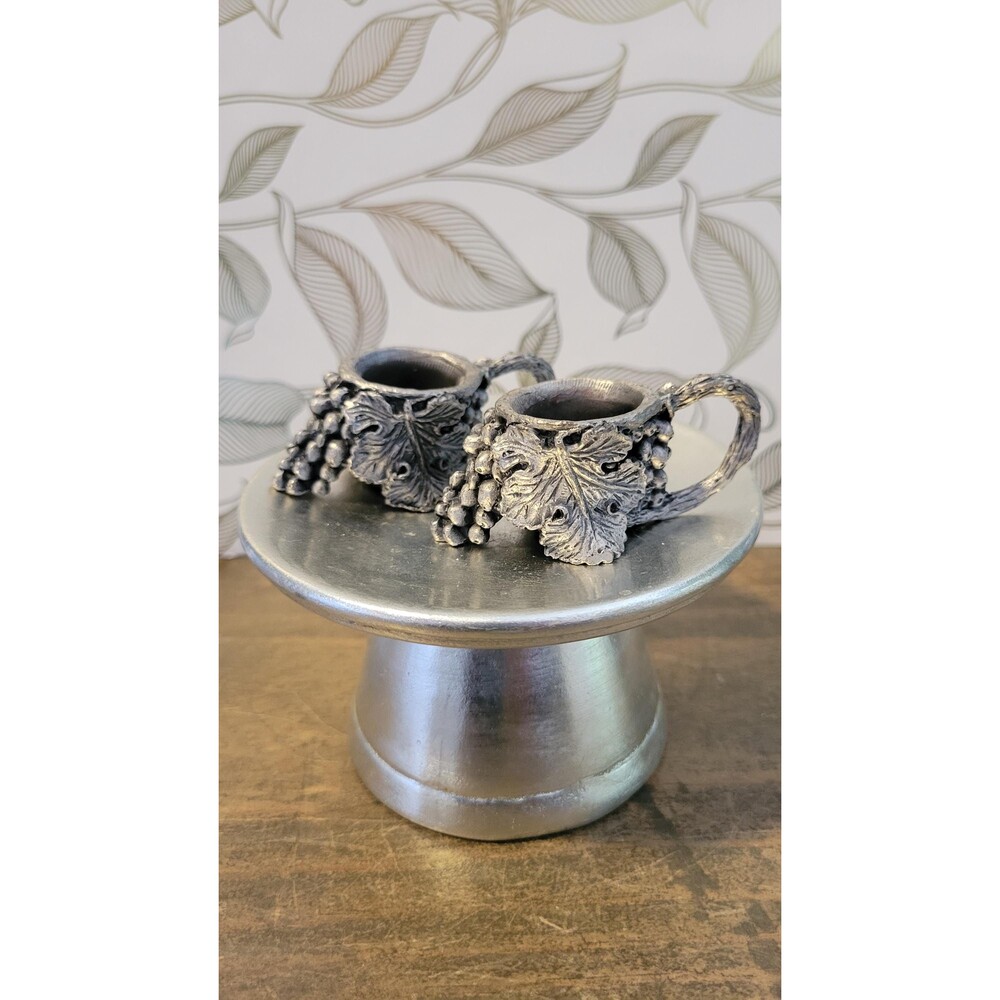 Vintage Italian Pewter Grape Taper Candle Holders Pair 1980s Ornate Grapevine